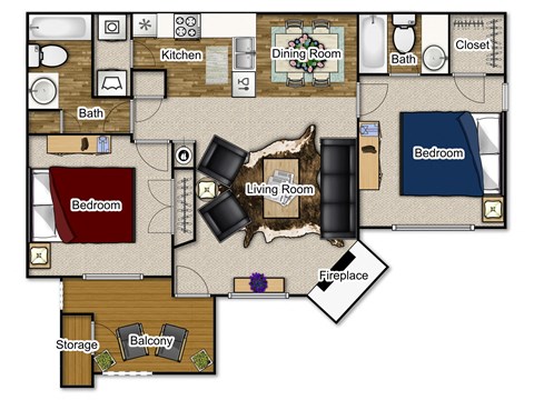 Floor plan for 2 beds, 2 baths, 950 sqft